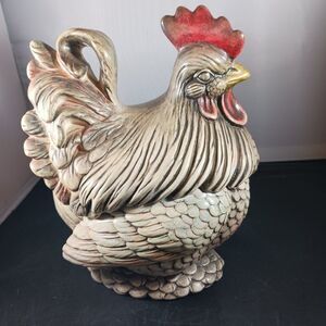 Vintage Hand Painted Ceramic Hen Rooster Chicken Cookie Jar 1970
